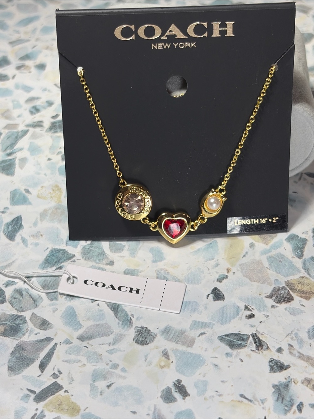 Coach Gold Tone Crystal Heart Pearl Charm Slider Bracelet NWT #82 - Picture 2 of 5